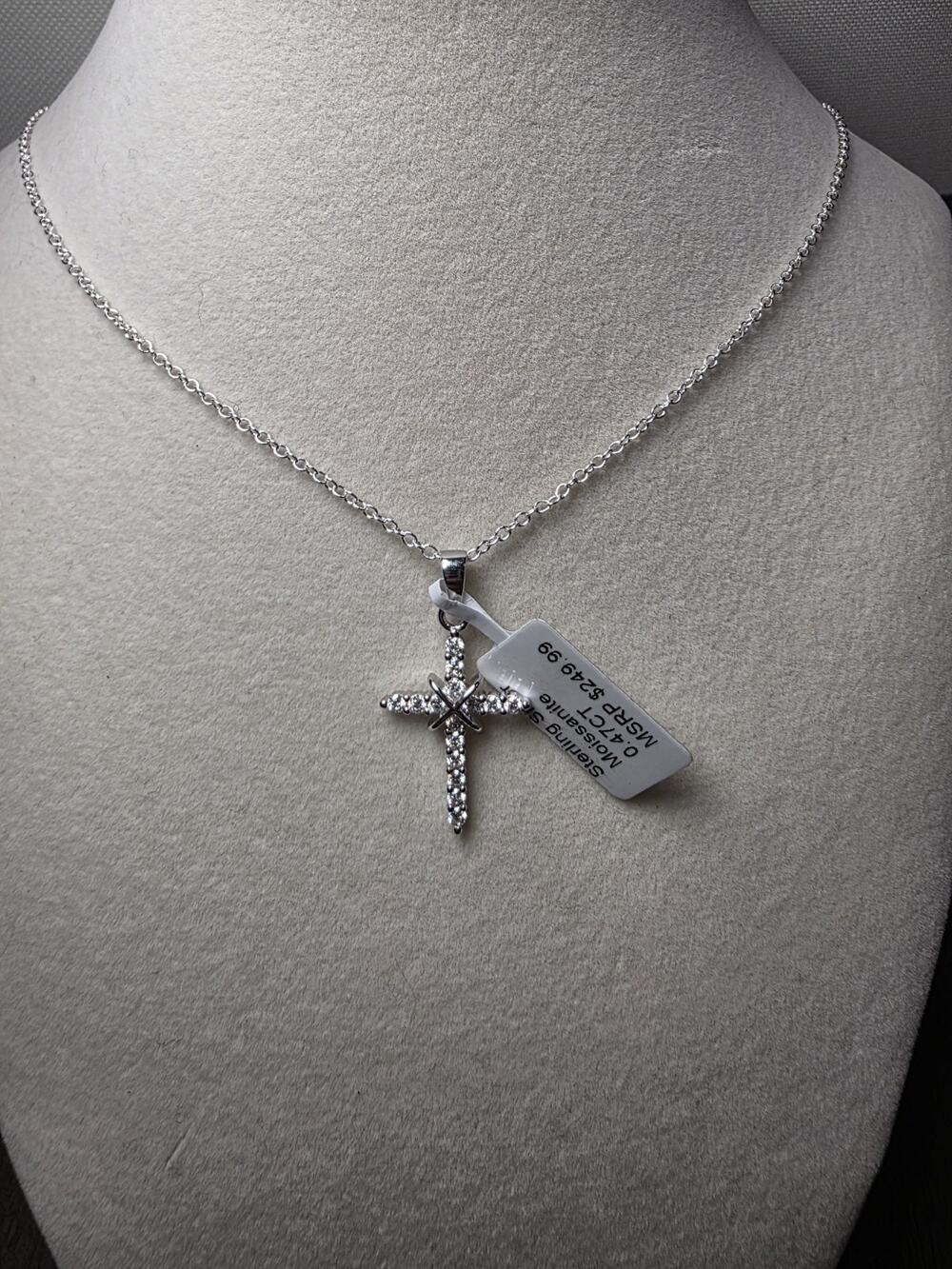 0.47CTW Moissanite Cross Pendant w/ 24" Rolo Necklace 925 Sterling Silver